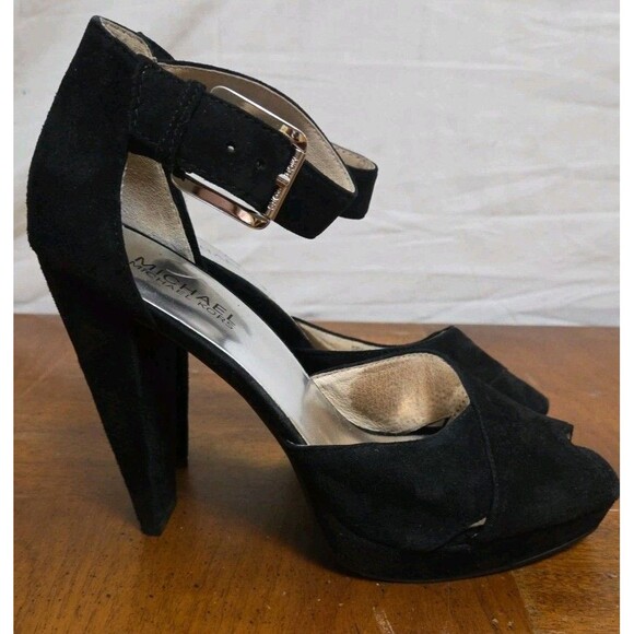 Michael Michael Kors Black Suede Heels Pumps Size 8.5 Peep Toe Platform Shoes - Picture 3 of 8